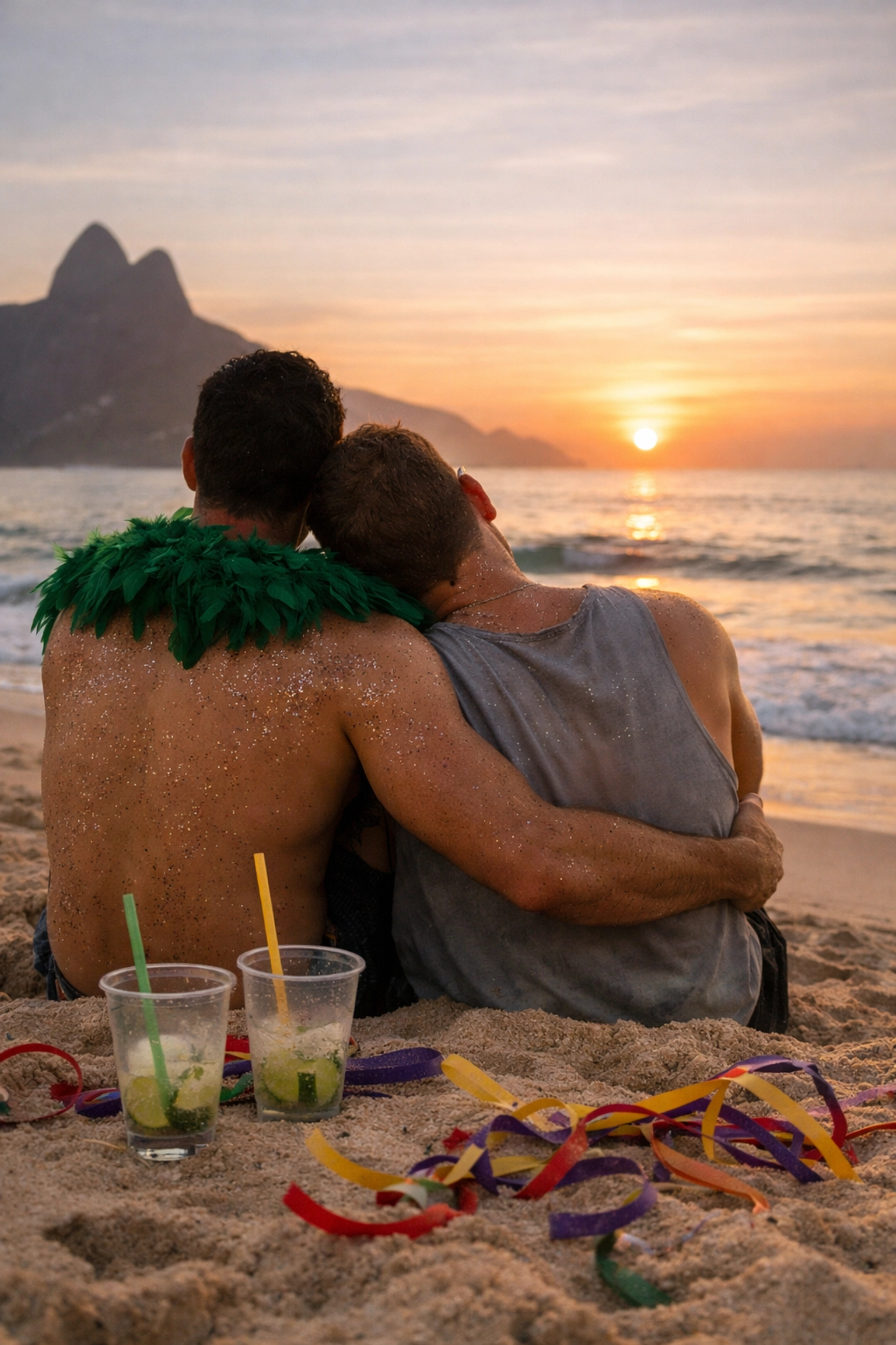 Gay couple watching sunrise on Ipanema beach after Carnival - intimate MM romance scene