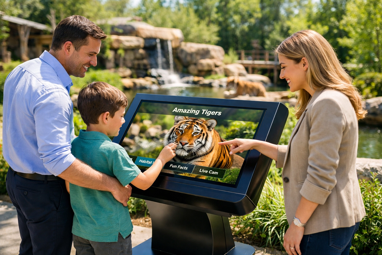 Family using a modern Zoo Media interactive kiosk for digital sponsorship and marketing at a zoo.