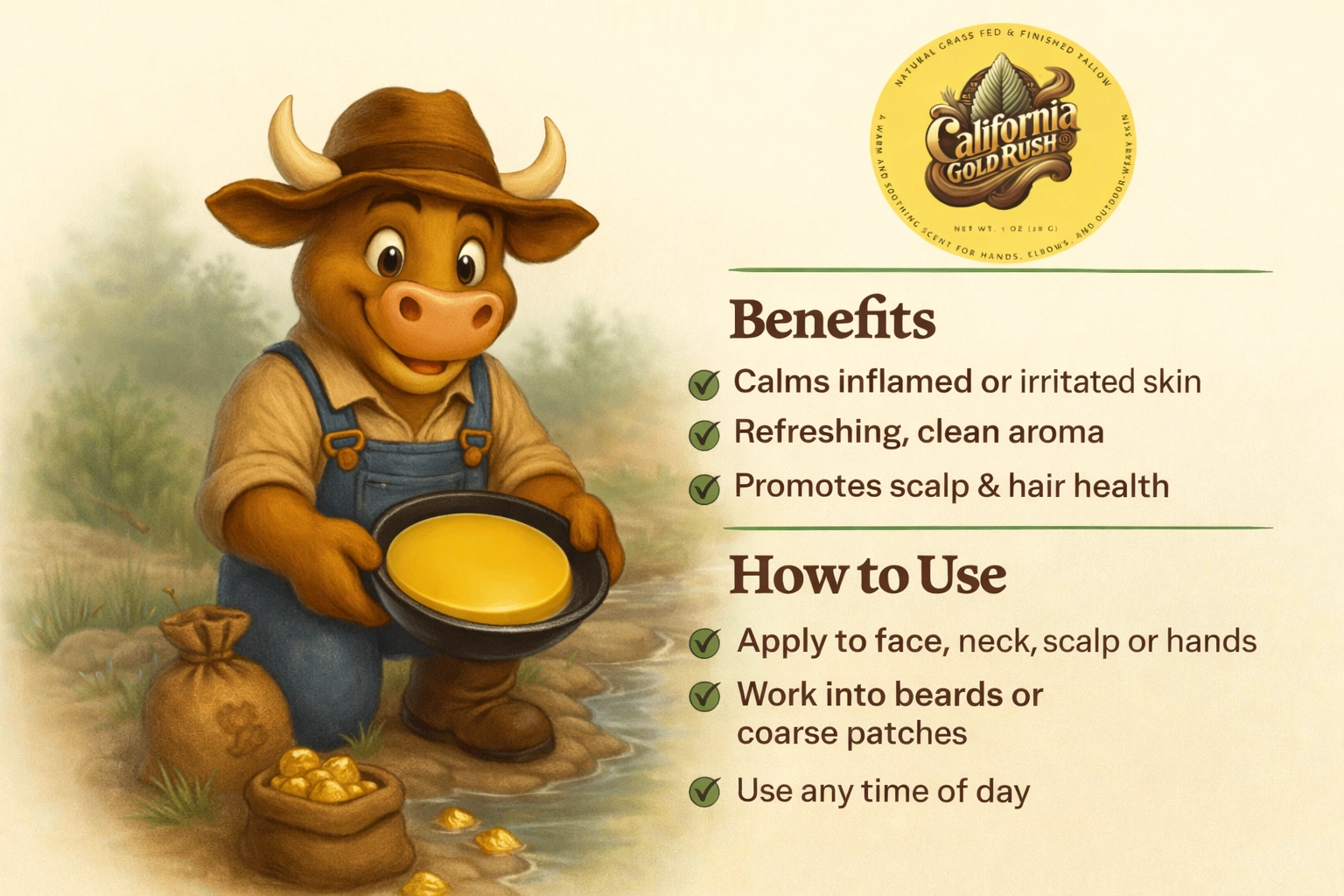 California Gold Rush tallow balm with cow panning for gold illustration