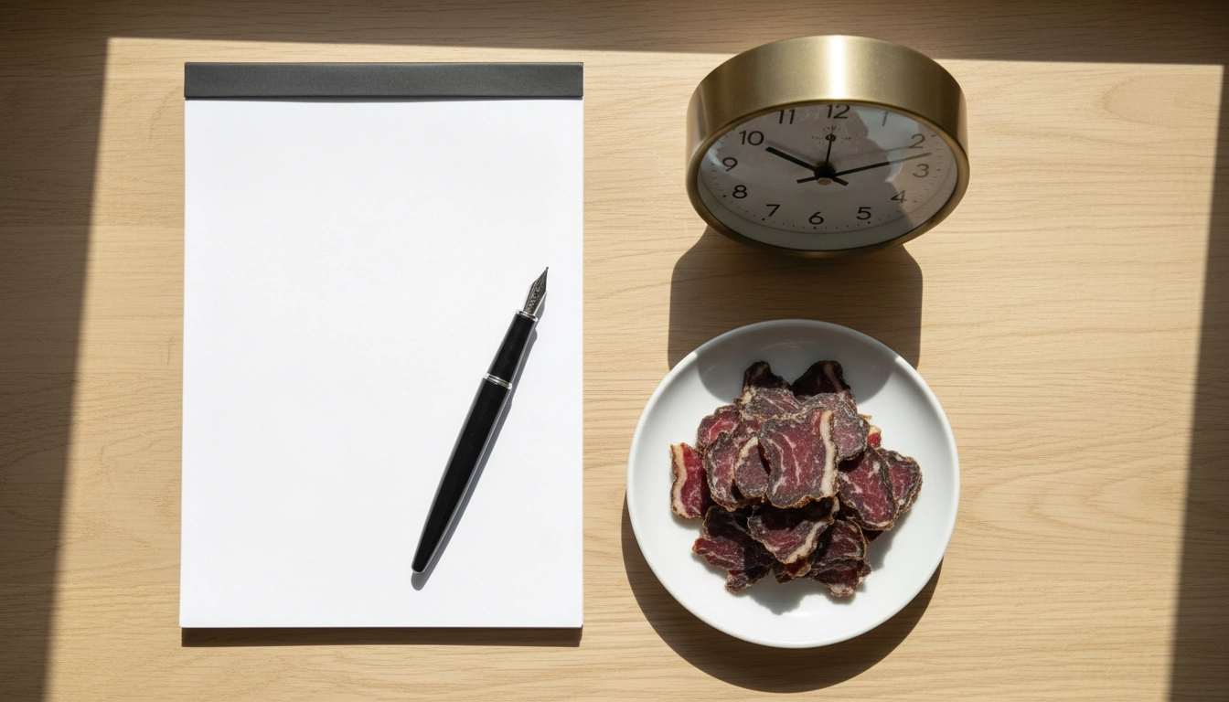 Afternoon focus fuel at 2 30, plate of air dried beef biltong, high protein snacks, biltong nutrition for focus, healthy meat snacks for productivity
