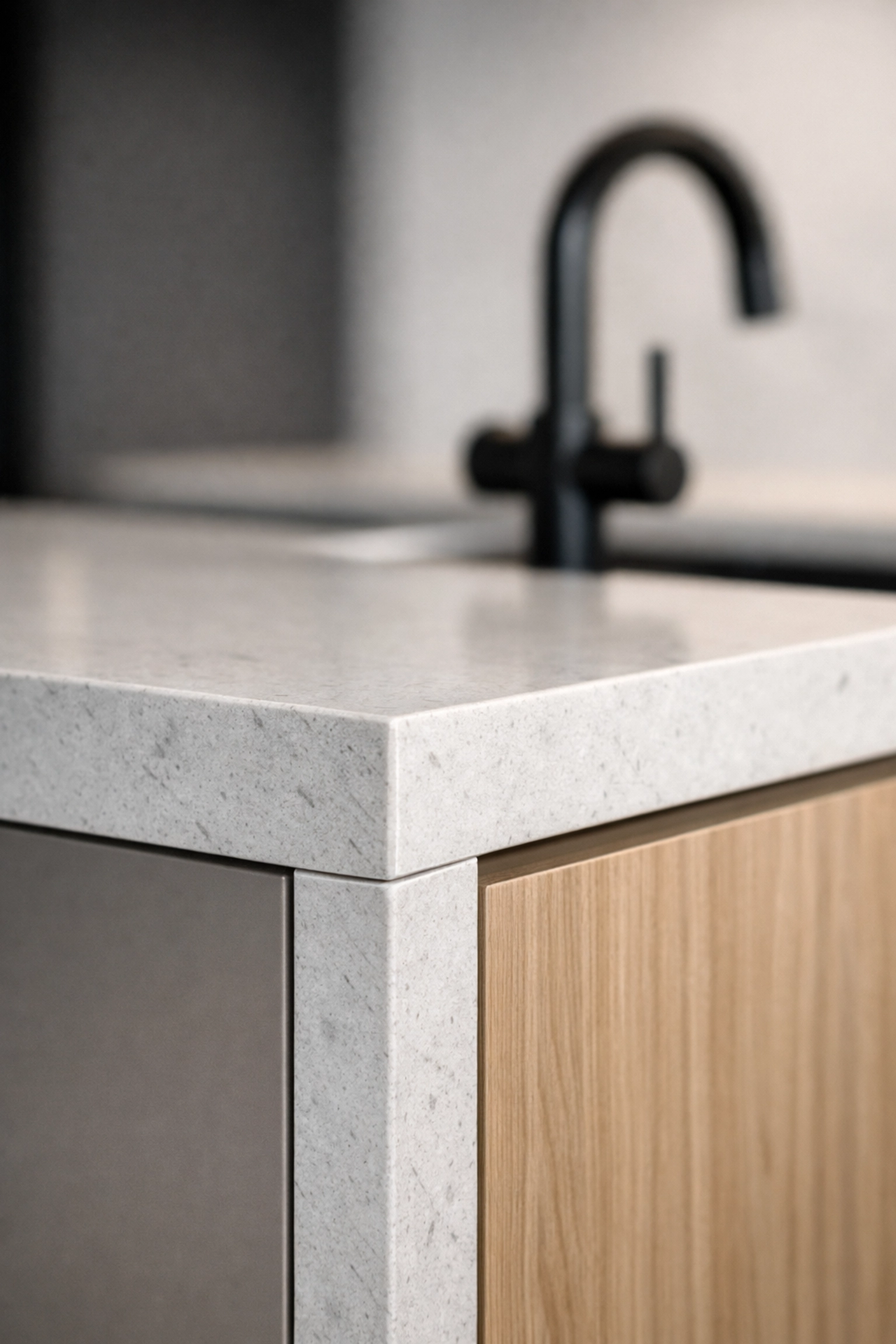 Detail of high-quality kitchen craftsmanship showing custom cabinets and a waterfall quartz countertop.