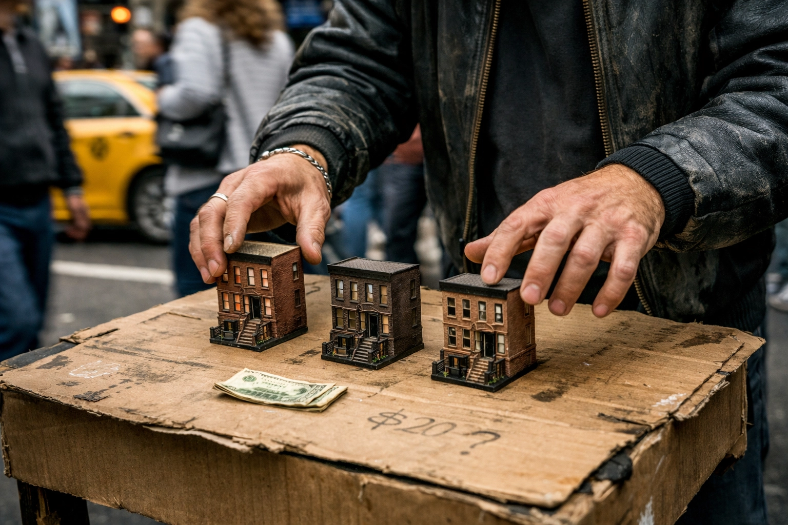 A street shell game using New York houses to represent political maneuvering over property taxes and pensions.