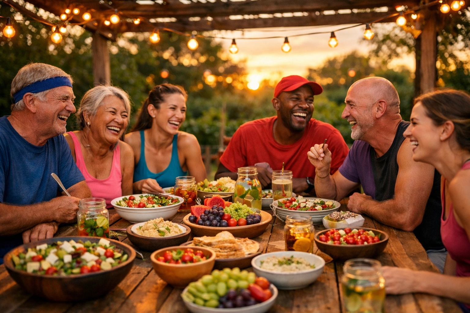 A diverse group of people sharing a healthy outdoor meal, highlighting human connection in wellness.