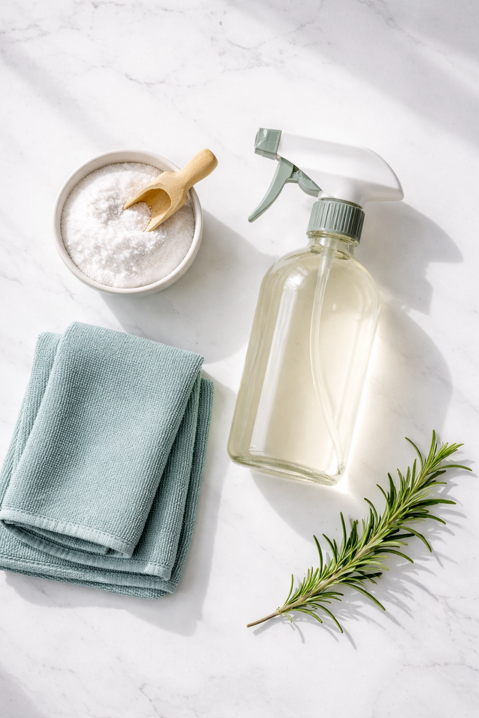 Pet-safe cleaning supplies including a spray bottle, baking soda, and microfiber cloth arranged for eco-friendly cleaning