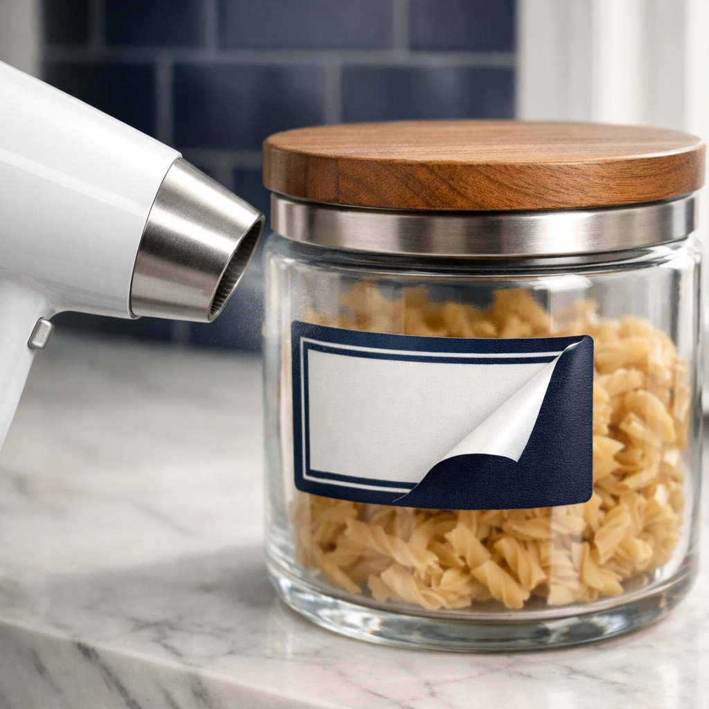 Using a hairdryer to safely remove sticky sticker residue from a glass jar in a clean kitchen.