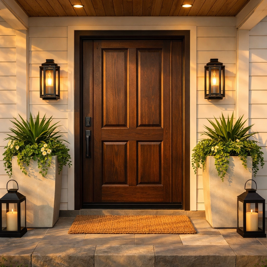 Welcoming modern front entryway with a dark wood door for a successful spring listing.