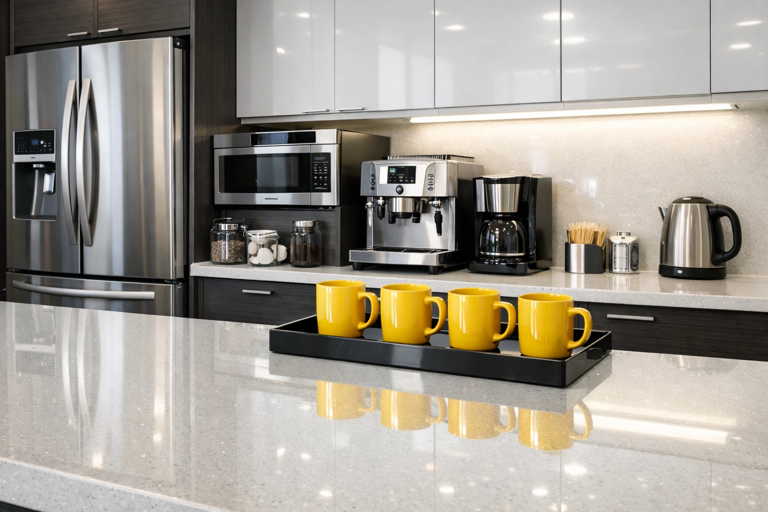 Spotless office breakroom in Tyngsborough with sanitized quartz counters and professional cleaning.