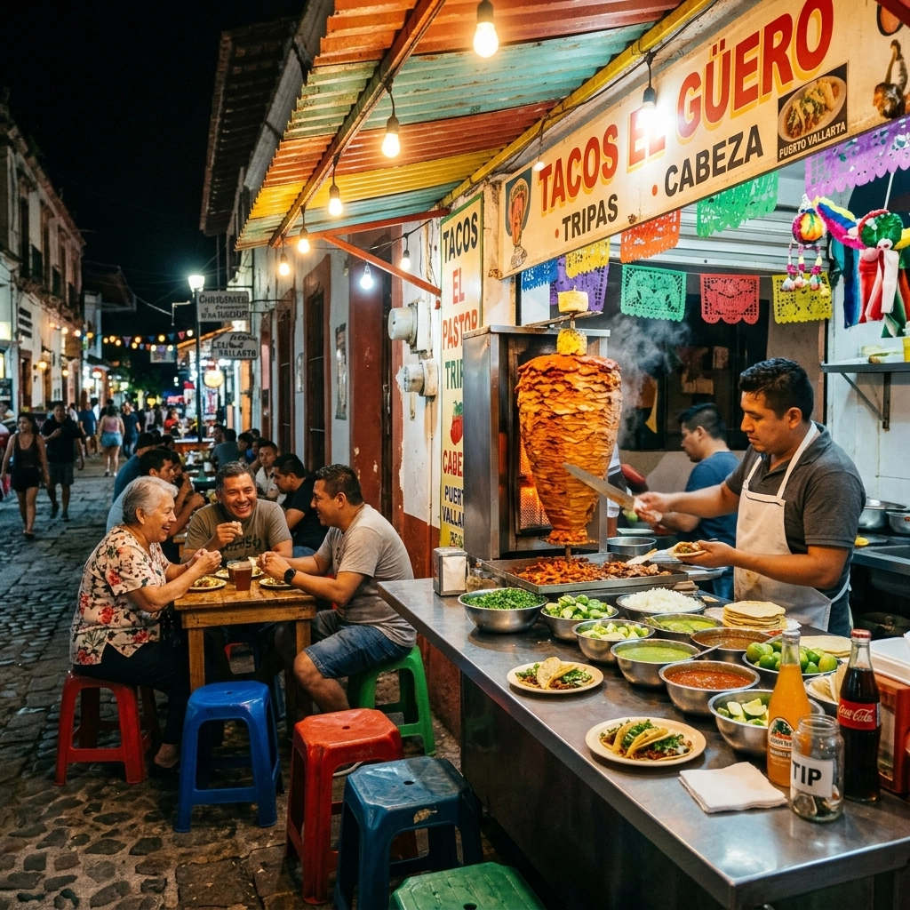 A cozy authentic Mexican taco stand at night with warm lights and fresh ingredients.