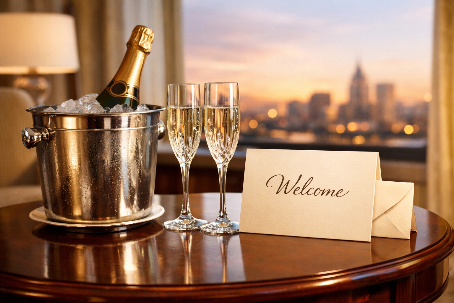 Chilled champagne and personalized welcome note in a luxury hotel suite for VIP clients.