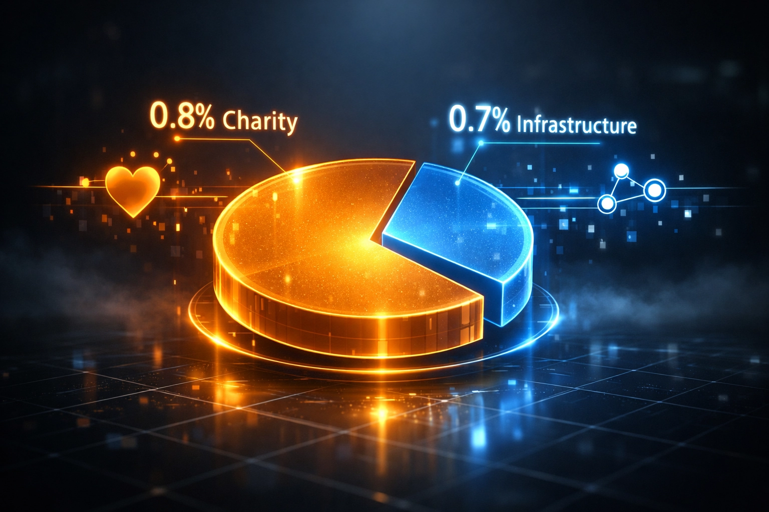 Larecoin 1.5% transaction fee breakdown: 0.8% to global charities, 0.7% to infrastructure