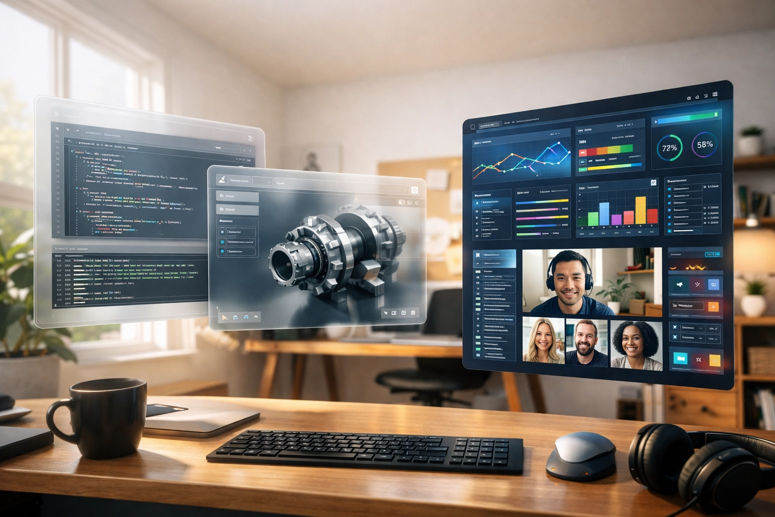 Multitasking in a virtual office showing visionOS and Meta Horizon OS window management styles.
