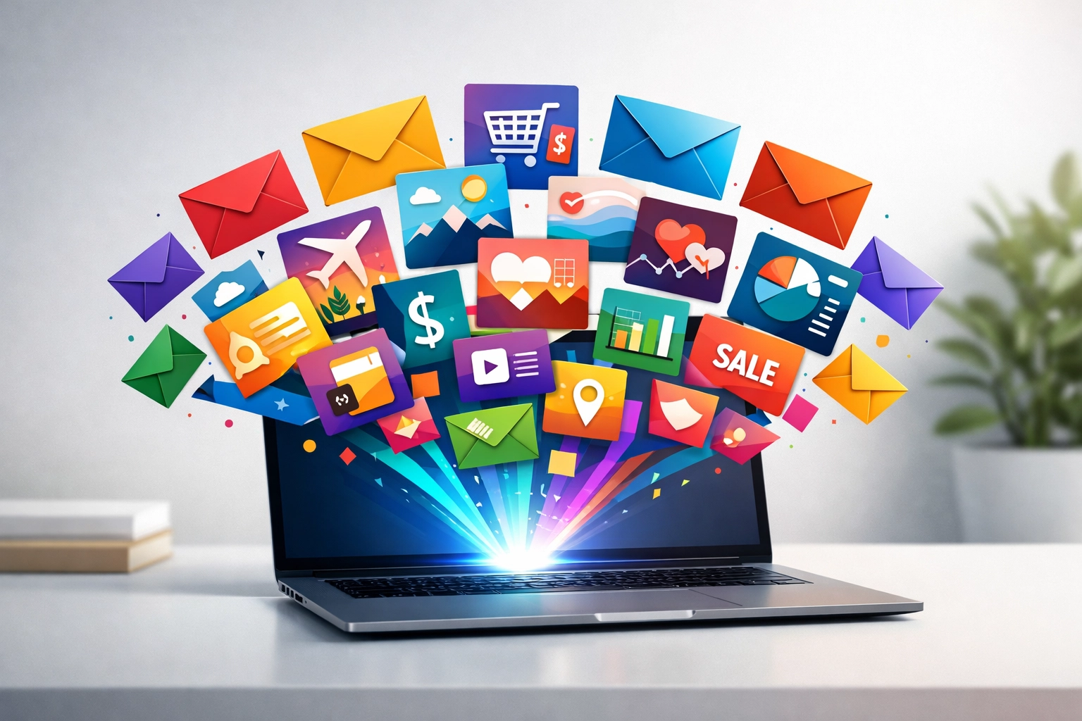 Personalized AI marketing content emerging from a laptop to drive high-converting lead generation.