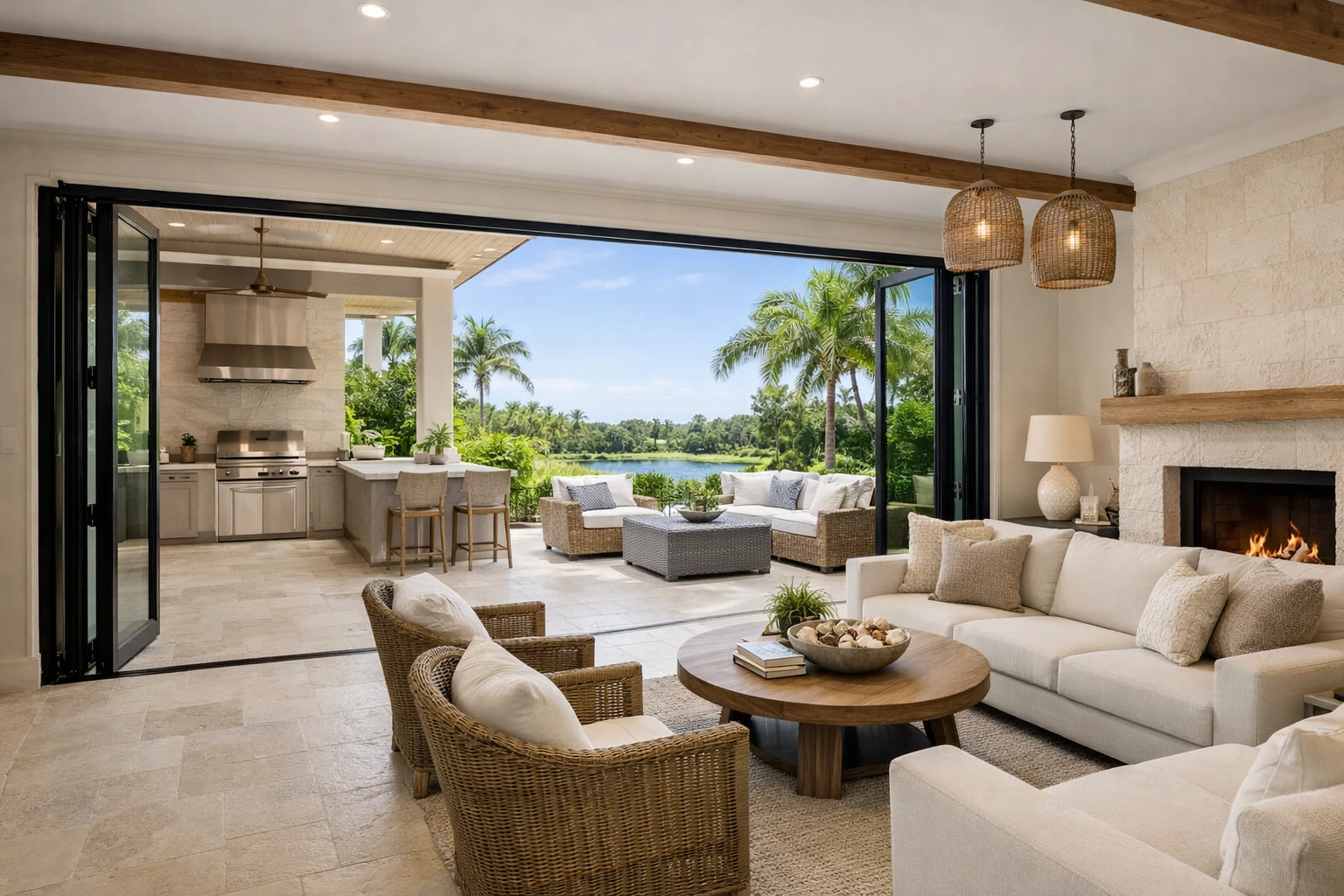 Seamless home remodeling in Orlando with glass accordion doors opening to a luxury outdoor patio and kitchen.