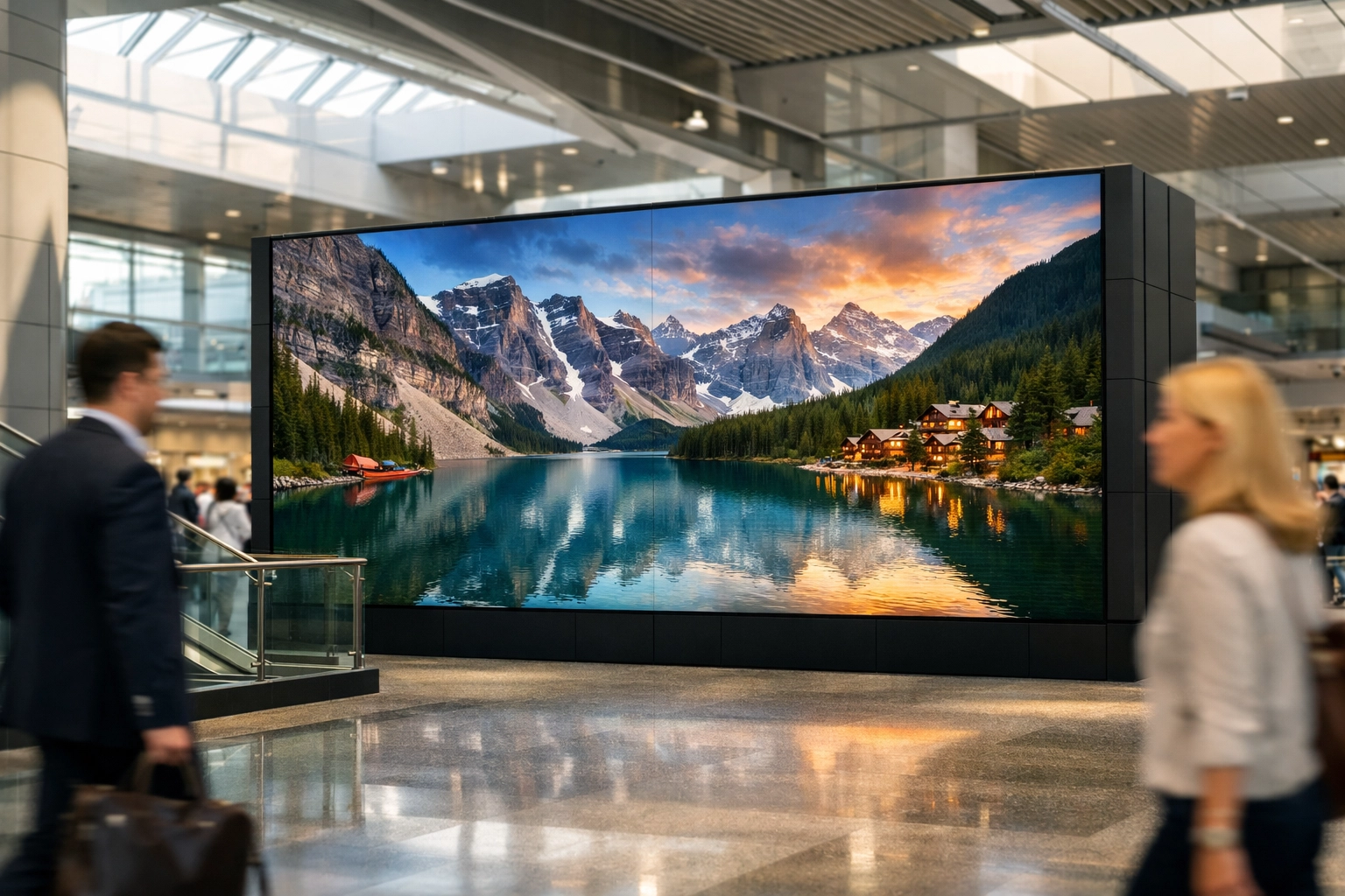 Large digital display wall in a modern airport terminal providing real-time guest engagement content.