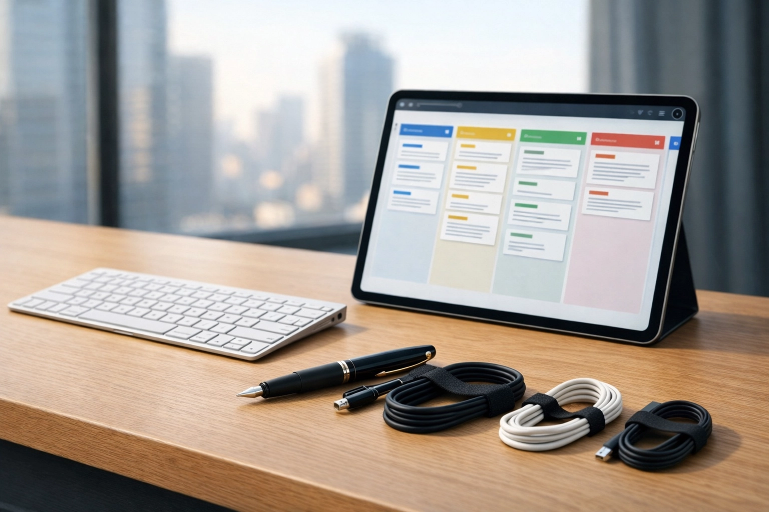 Tablet and keyboard workspace showing a kanban-style workflow—modern tools for peak-season project management.