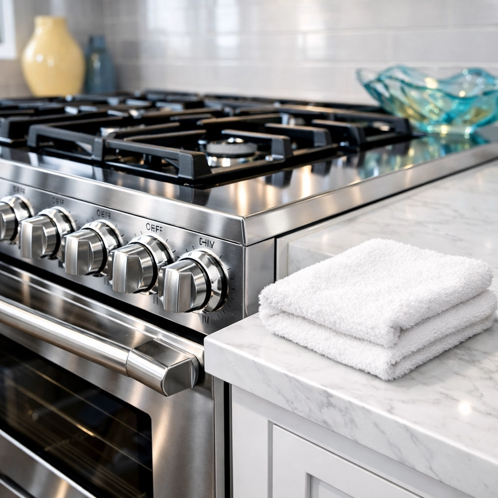 Spotless stainless steel oven and stovetop after a professional kitchen deep cleaning in Fitchburg.