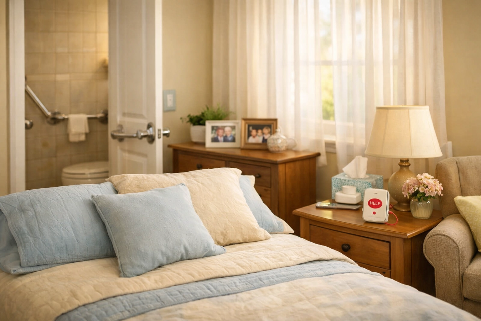 Safe assisted living bedroom in Lakewood Ranch with grab bars and emergency call button