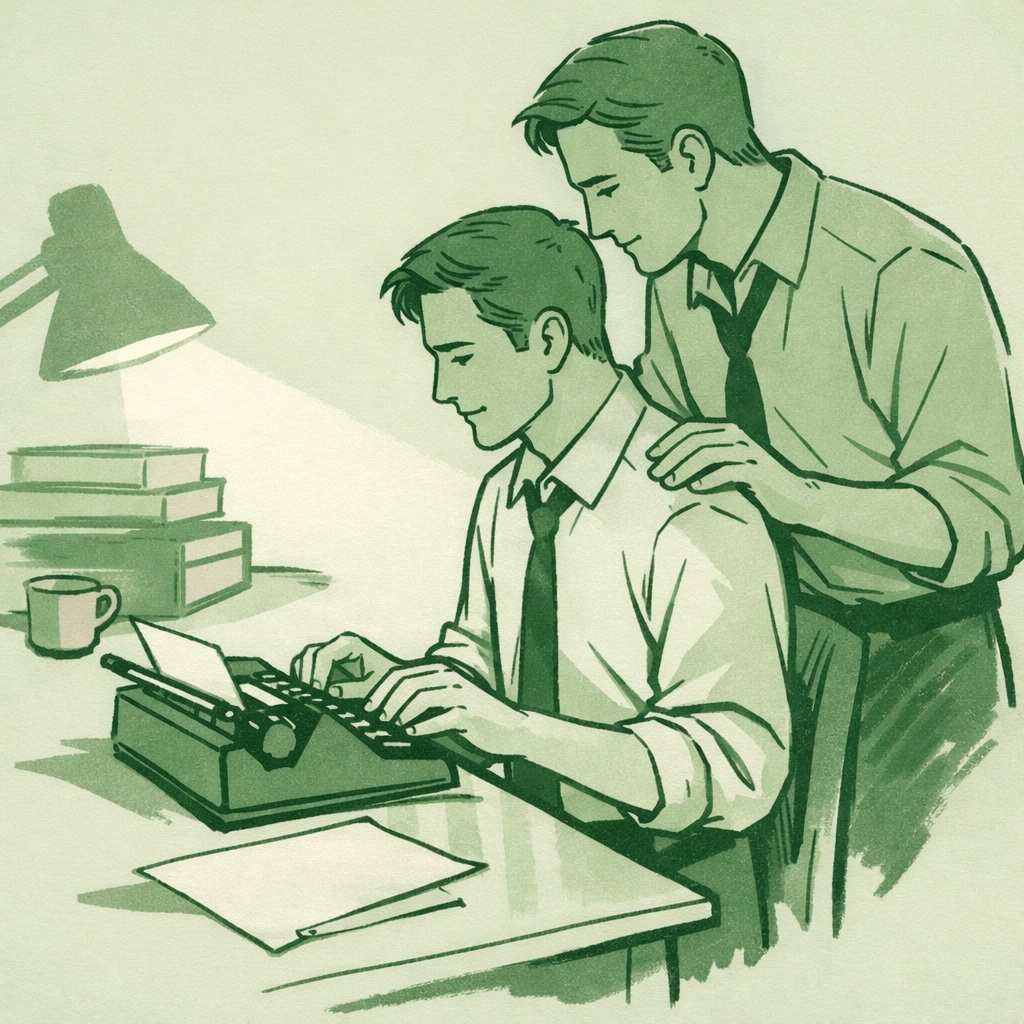 Gay secretary and boss in secret office affair, intimate moment at typewriter