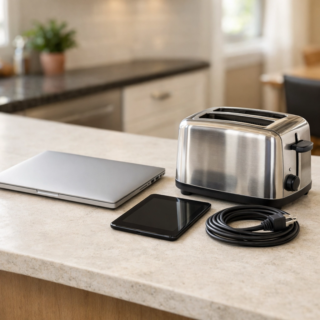 Intact laptop and household appliances prepared for professional e-waste collection.