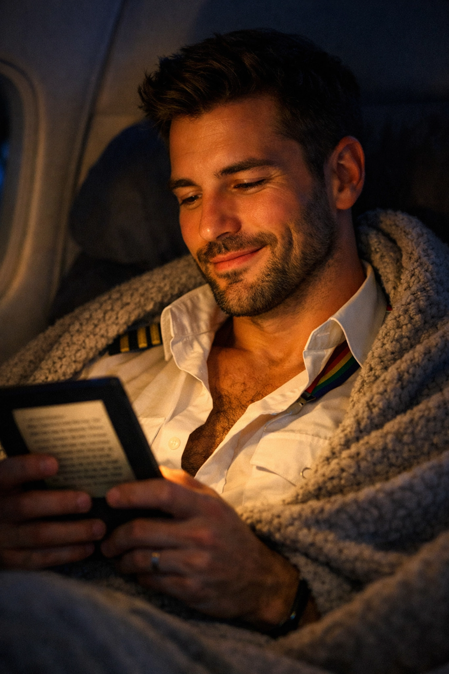 Flight attendant reading MM romance books in crew rest area on red-eye flight