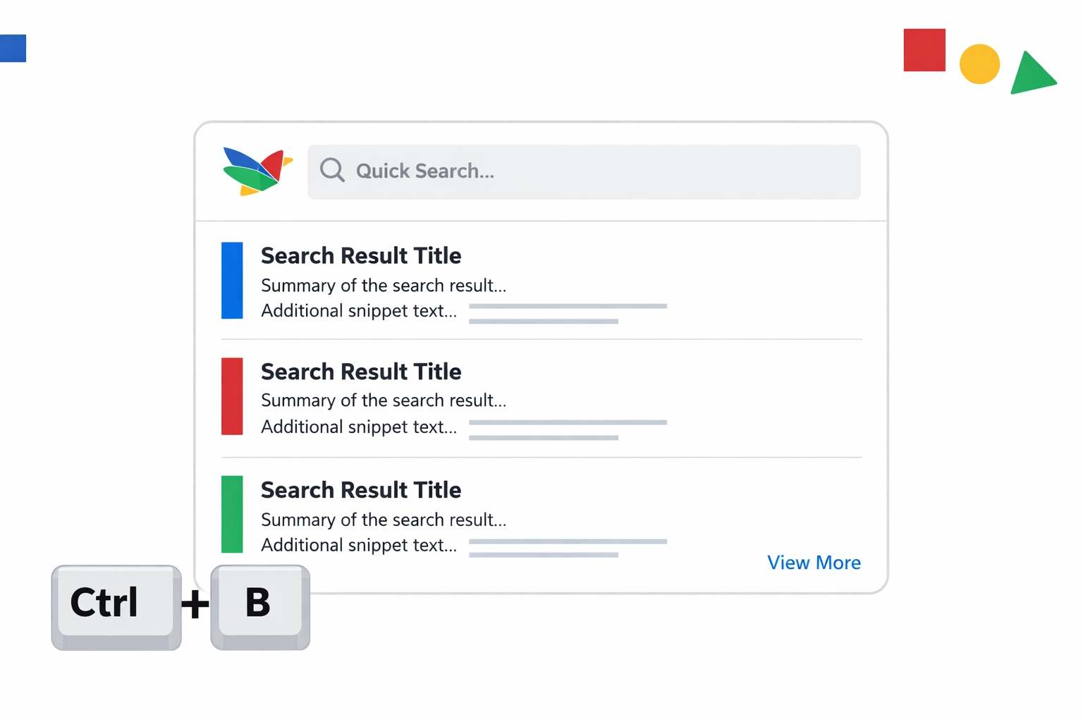 Keyboard shortcut concept showing Ctrl+B triggering an instant search overlay with snippet results in a minimalist, geometric, color-blocked style (Blue, Red, Green, Yellow) on a clean white background with a geometric bird logo theme.