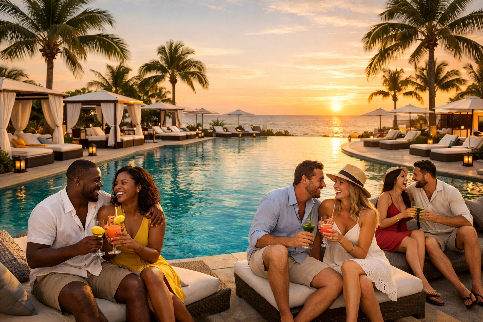 Couples relaxing poolside at luxury lifestyle resort in Mexico with infinity pool and ocean views