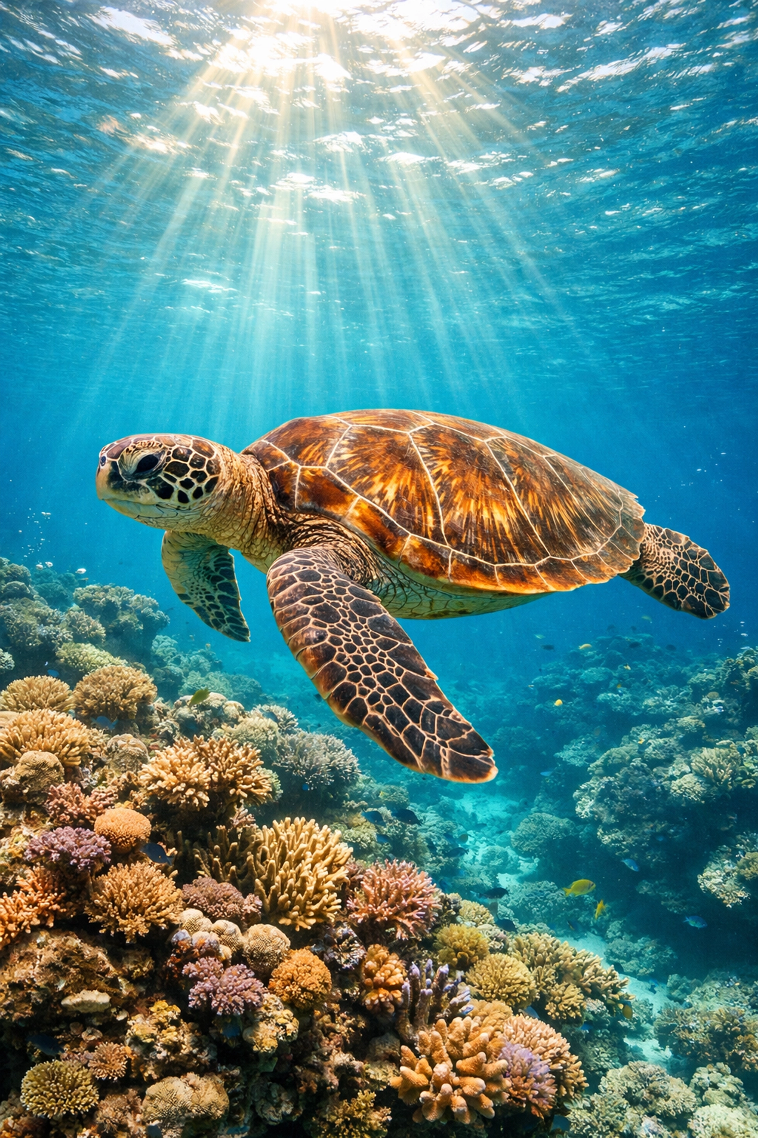 Clear underwater image of a sea turtle near a reef, supporting conservation storytelling.