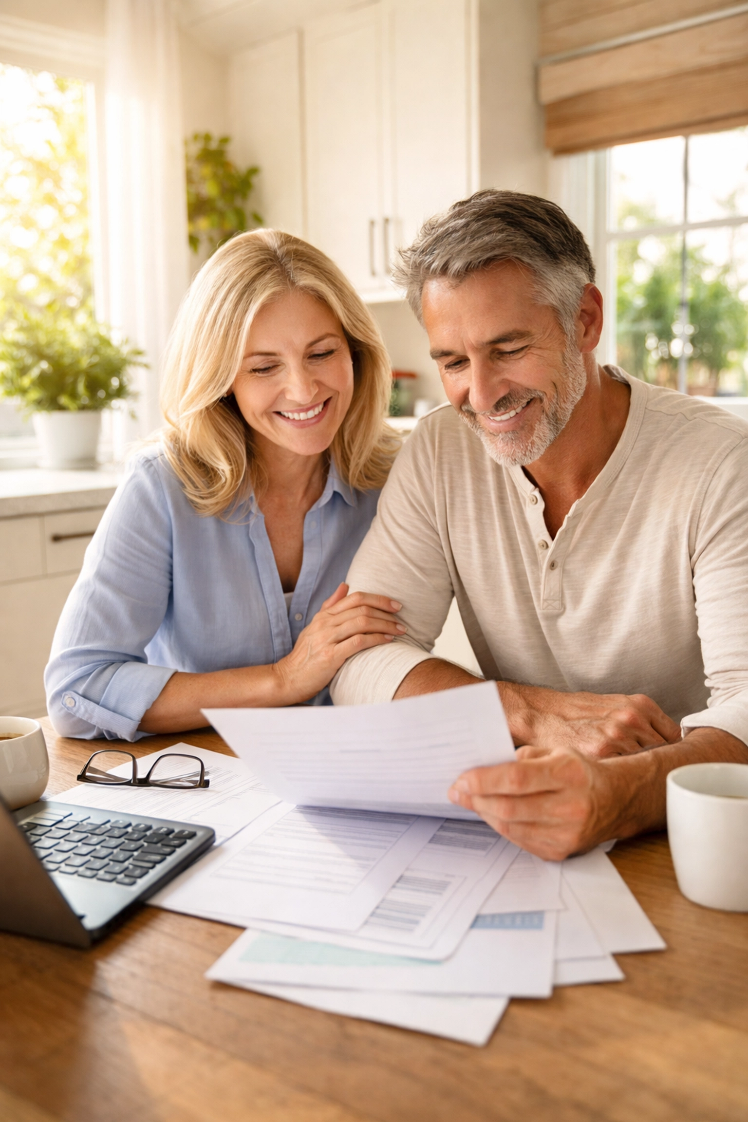 Middle-aged couple reviewing financial documents at home, symbolizing secure IUL planning during market downturns