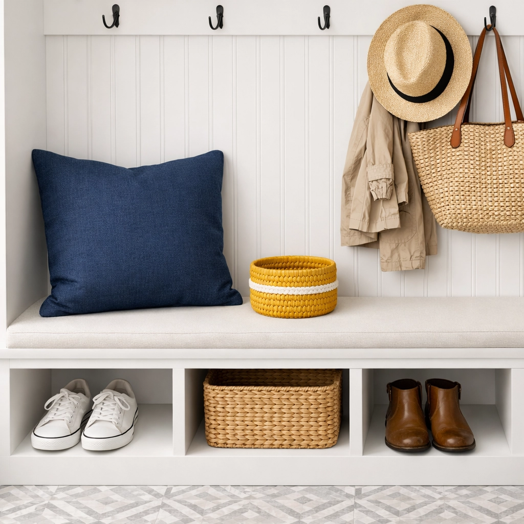 Organized mudroom with clean tile floors maintained by house cleaning in Pepperell MA.