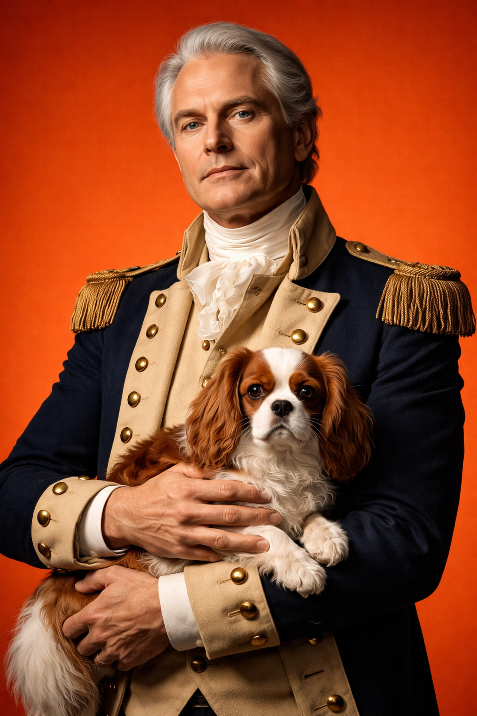Historic figure in revolutionary war attire holding a small dog, representing podcast strategy and professional integrity