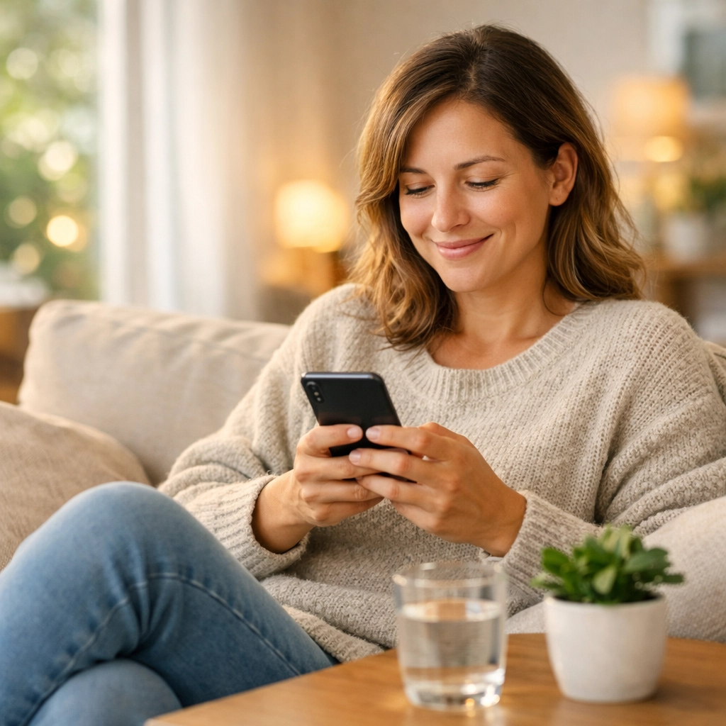 Woman comfortably using smartphone for online dermatology consultation from home