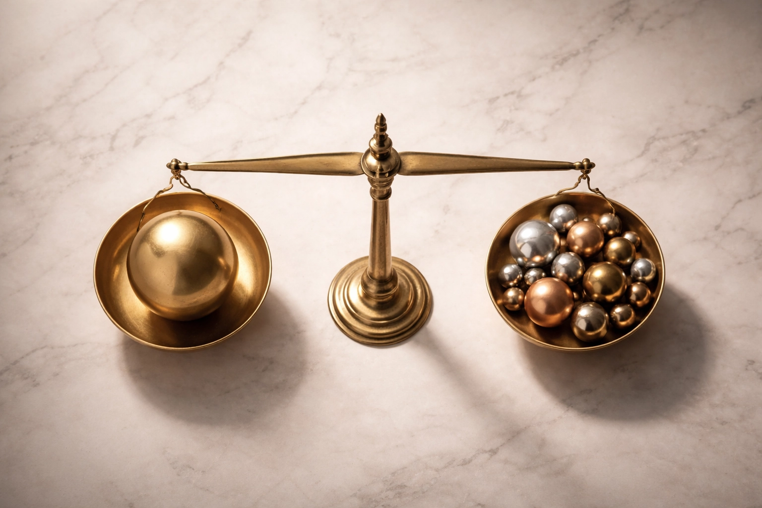 Balanced scale with different sized spheres symbolizes risk-weighted portfolio allocation for investors