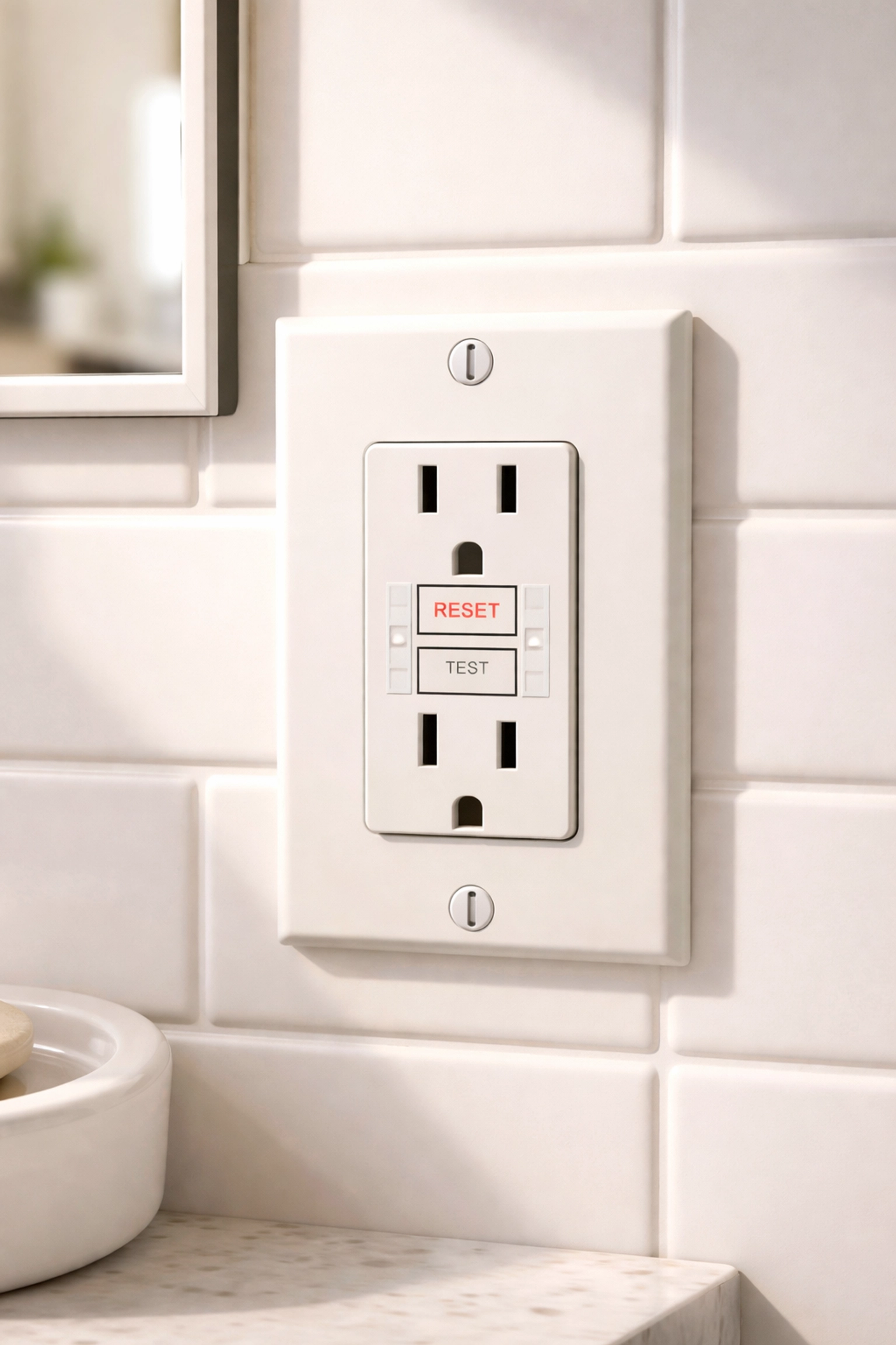 Close-up of a GFCI outlet with TEST and RESET buttons in a bathroom, showing key safety features for home electrical protection.