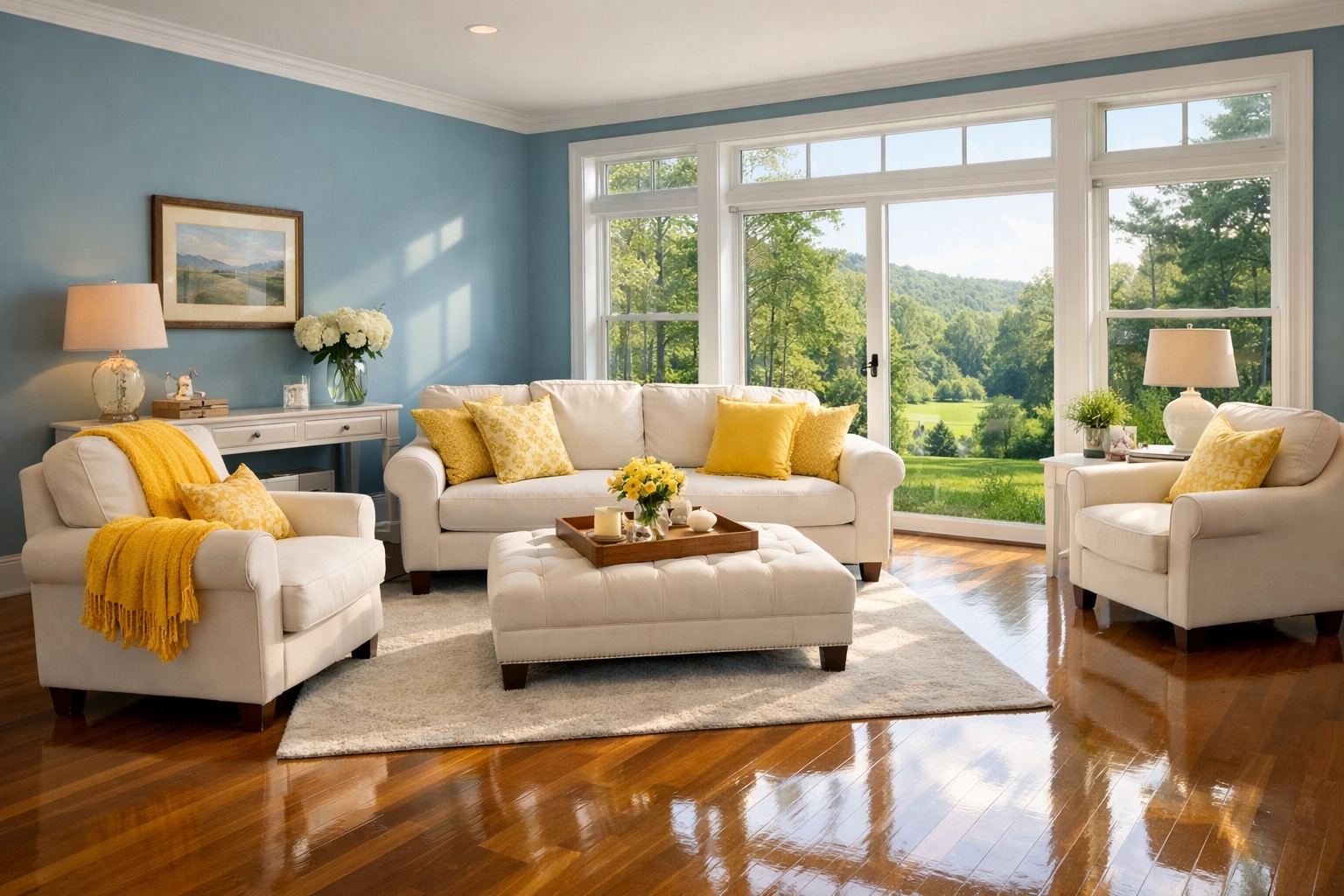 Clean, sun-drenched living room with polished hardwood floors in a Tolland, MA home.