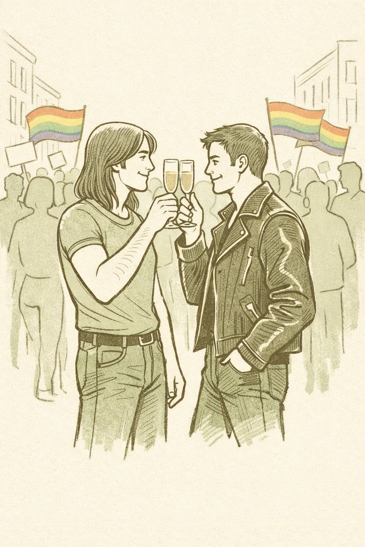 Gay couples celebrate at first Pride march 1970 with champagne on Christopher Street