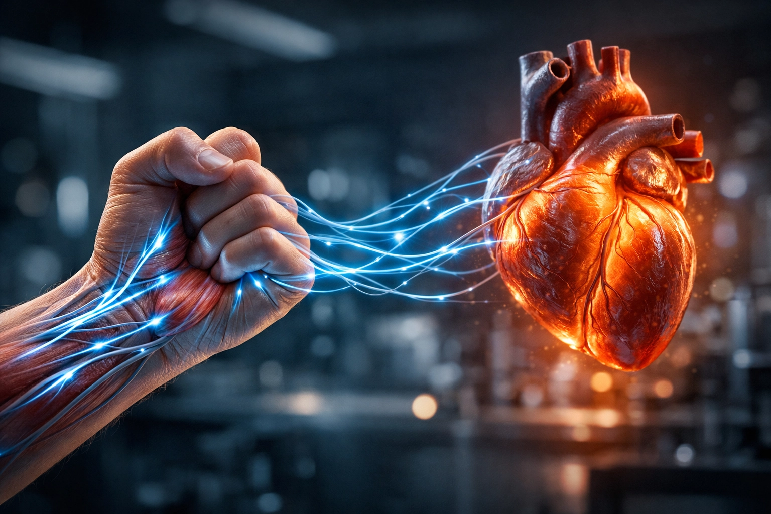Anatomical visualization of the neural connection between hand grip strength and cardiovascular heart health.