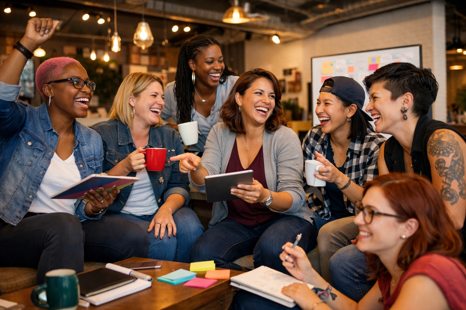 Diverse group of lesbian and bisexual professionals collaborating in a modern office lounge.