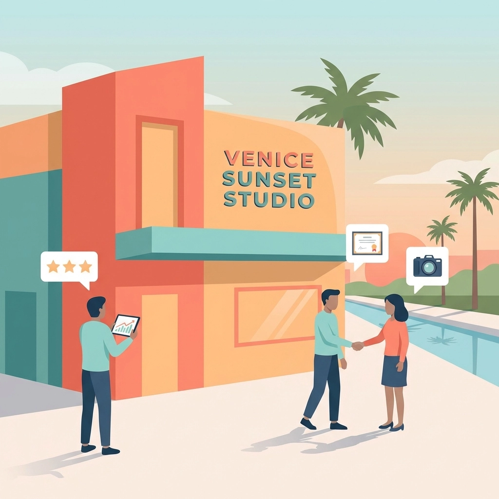 Venice Florida storefront illustration showing customers interacting and review icons, highlighting business experience and local engagement.