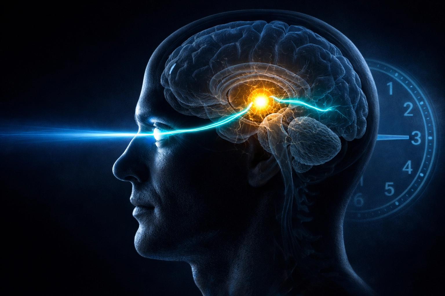 Visual representation of blue light affecting the circadian rhythm and brain hypothalamus for sleep.