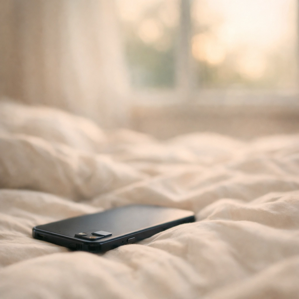 Ágyon fekvő okostelefon, a technológia és a szexuális mentális blokkok összefüggése.