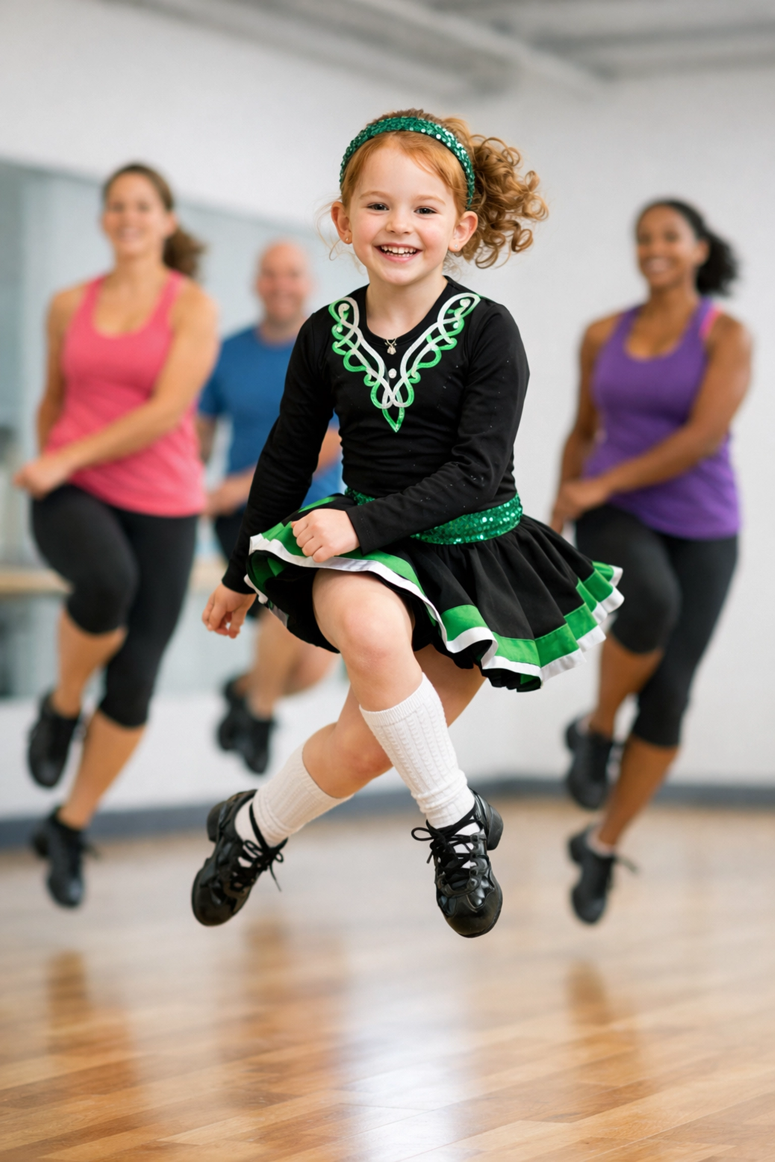 A happy child jumping in an Irish dance class for kids with adults practicing fitness in the background.
