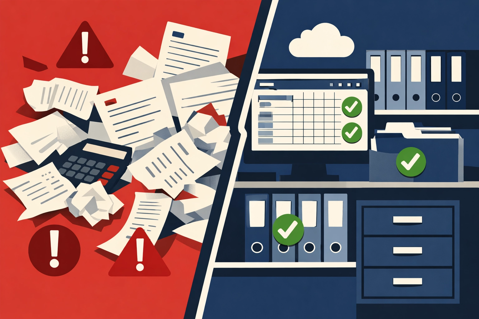 Comparison of disorganized tax receipts versus organized digital bookkeeping system