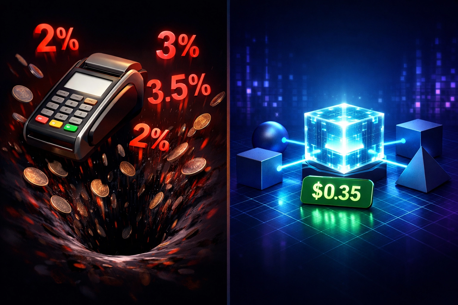 Traditional percentage-based interchange fees vs fixed blockchain gas fees comparison