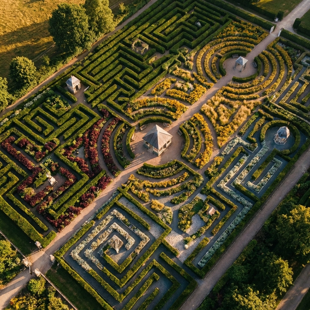 Aerial view of maze garden symbolizing sector and geographic diversification in private equity strategy