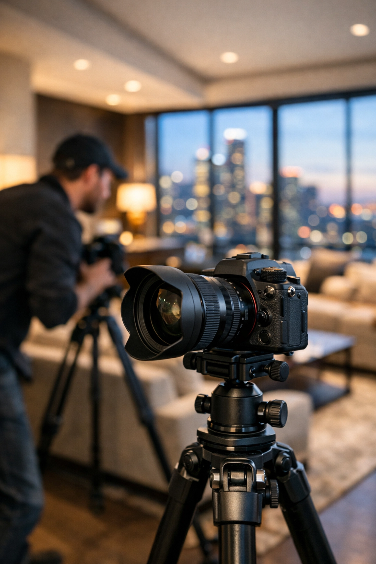 Professional real estate photographer setting up a camera and tripod for a luxury penthouse photo shoot.