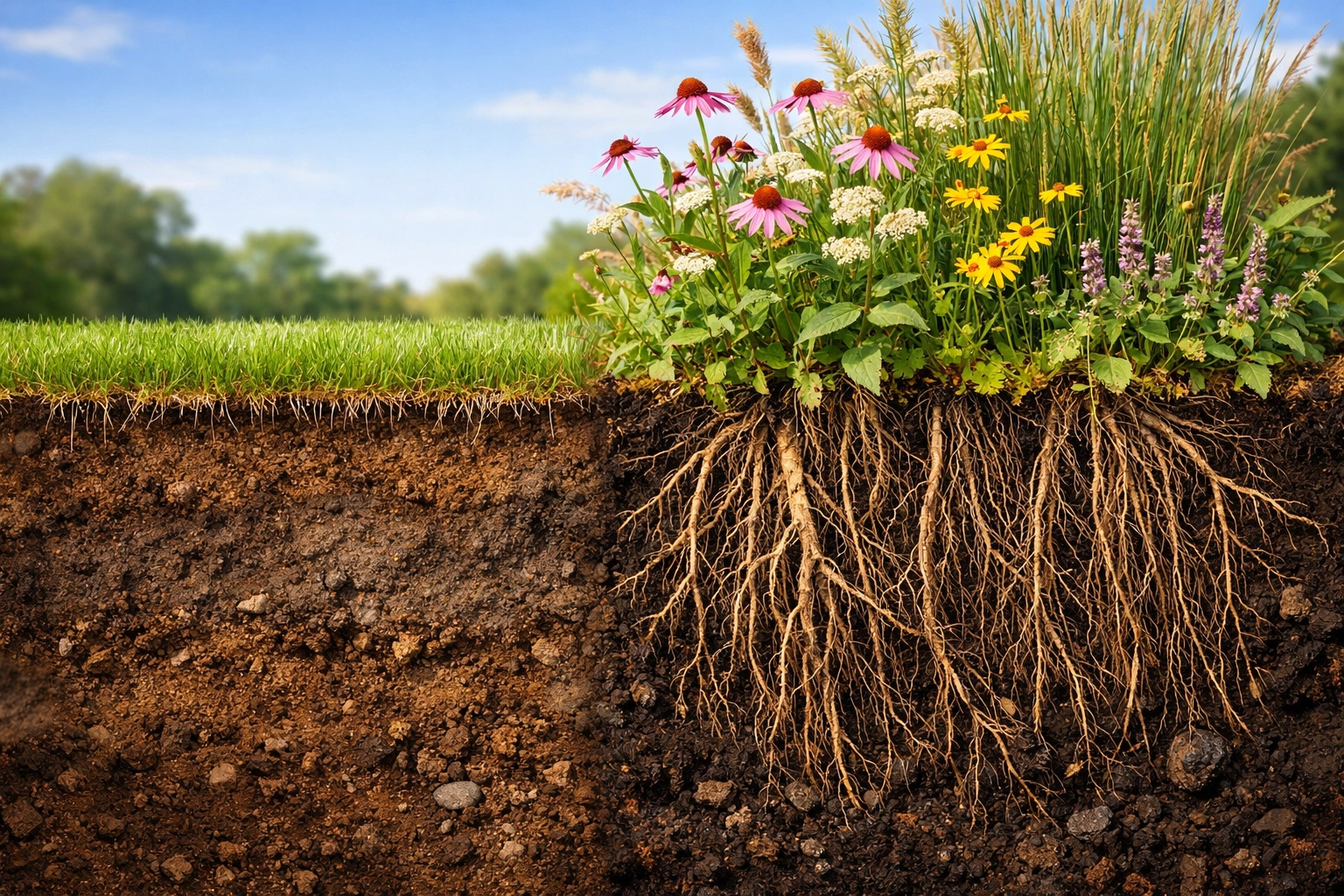 Cross-section showing deep native plant roots versus shallow turf for superior soil stabilization.