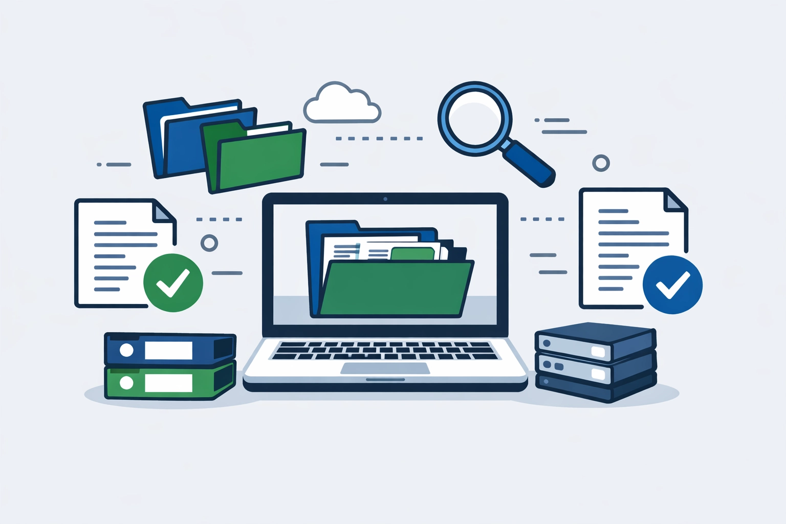 Digital and physical filing system icons illustrating organized tax preparation in New Haven.