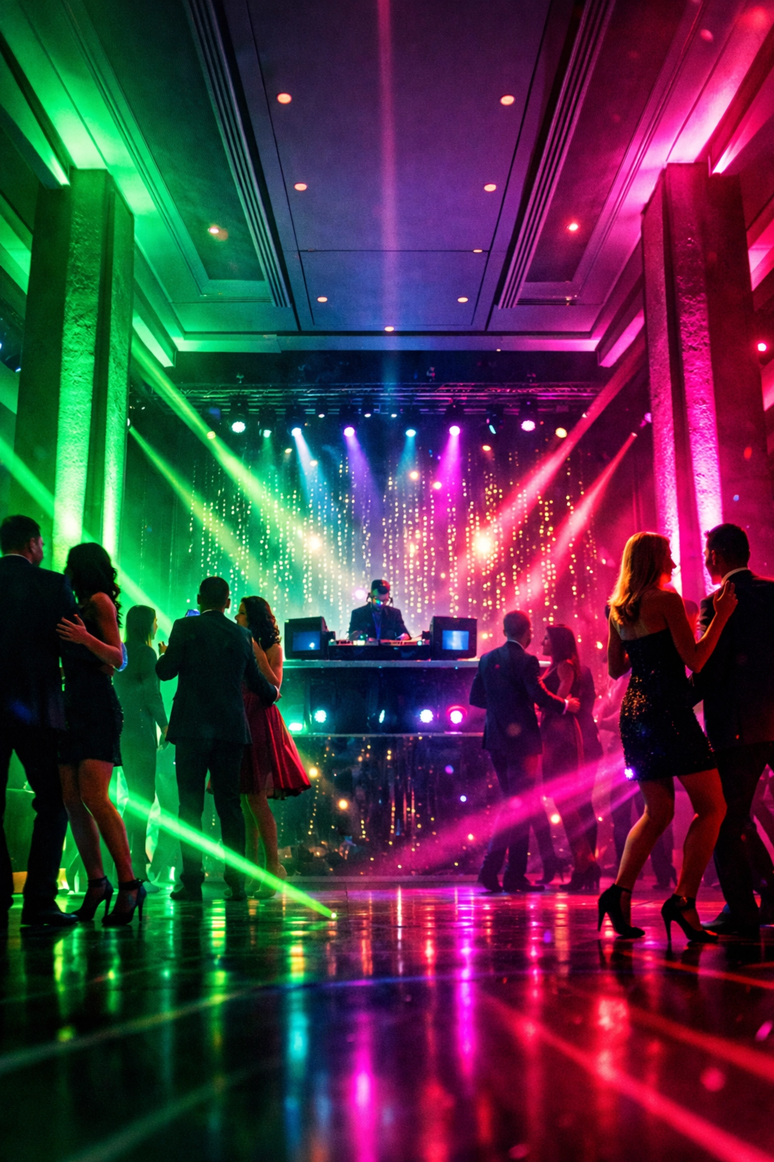 Immersive architectural lighting in emerald and magenta at a premier corporate event with a professional DJ.