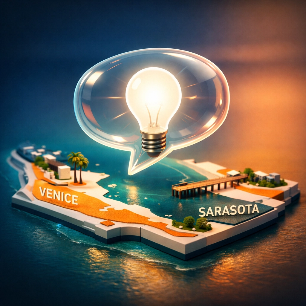 AI search FAQ answers for Venice and Sarasota businesses represented by a glowing lightbulb over a map.