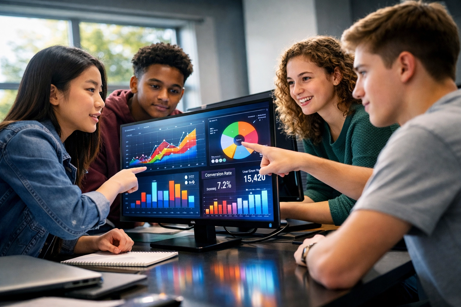 High school students analyzing data dashboard displays in Fortune 100 learning lab program